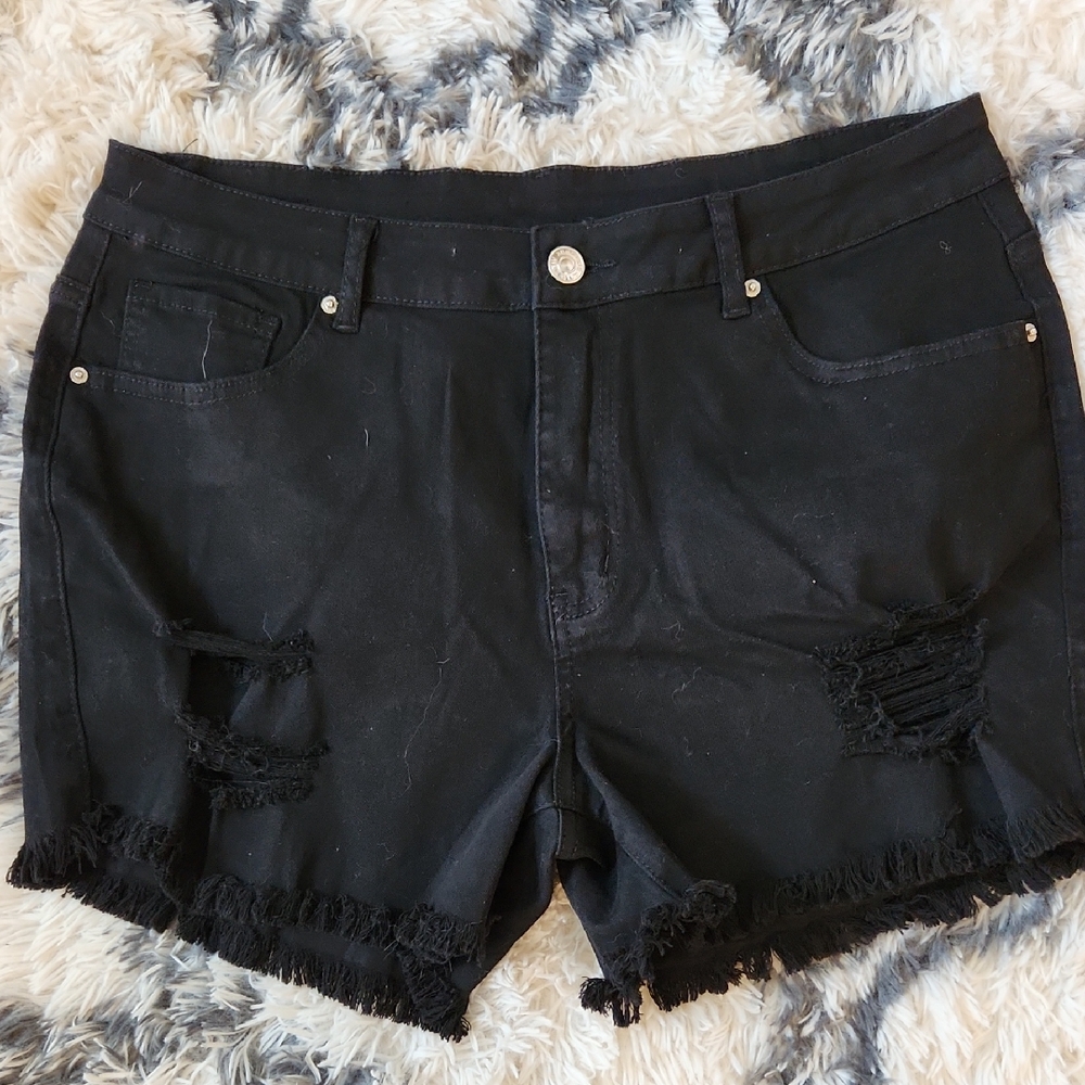 Black Distressed Denim Shorts New 2XL